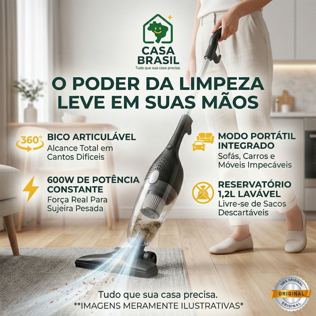 Aspirador de Pó Vertical 2 em 1 Portátil Vassoura Elétrica Potente 600W Leve 220V Oferta Imperdível