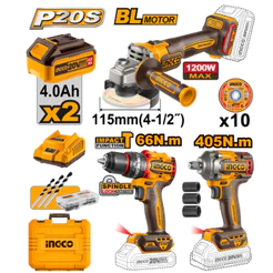 Parafusadeira Furadeira Ingco 20V BL 66Nm + Esmerilhadeira 1200W + Chave Impacto 405Nm