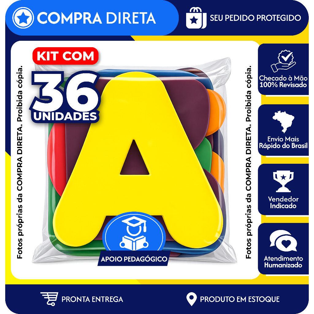 Alfabeto em Eva 36 Letras Eva Grande 10cm Móvel Pedagógico Educativo Colorido Ref 104 Apliques