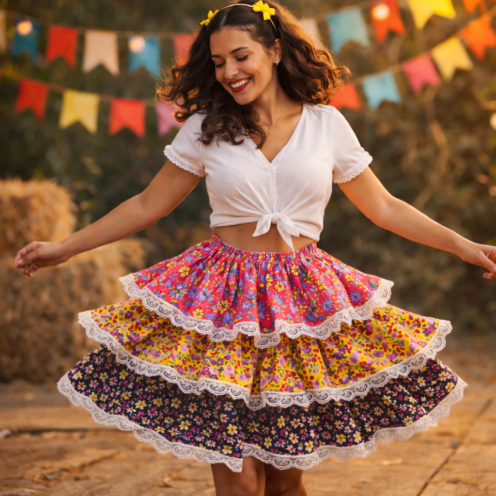 Saia Junina Super Rodada Colorida Com Renda Festa Caipira