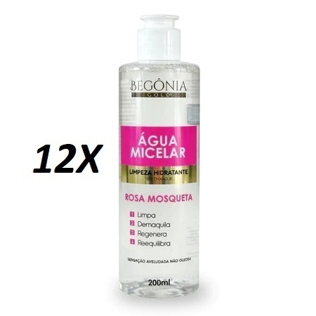 Kit 12 Água Micelar Rosa Mosqueta 200ml - Limpeza Facial Todos Os Tipos de Pele Sem Perfume Begonia