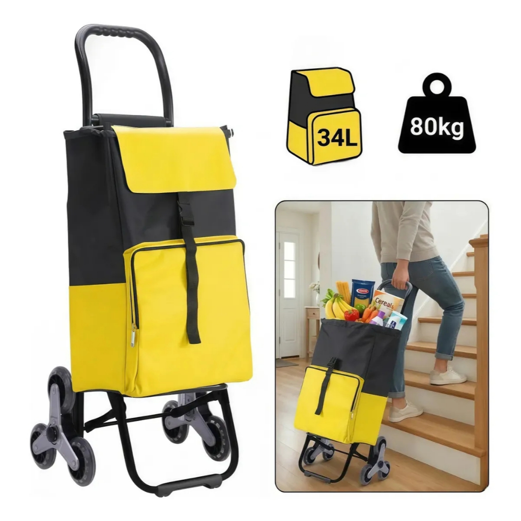 Carrinho De Feira Compras 6 Rodas Sobe Escada 80Kg Dobrável Multiuso Portátil Reforçado Aço Resistente Espaçoso Yesop