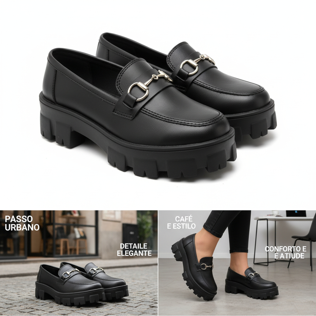 Mocassim Feminino Preto com Corrente Dourada Casual Elegante Confortável Sapato Moda Dia a Dia Tendência