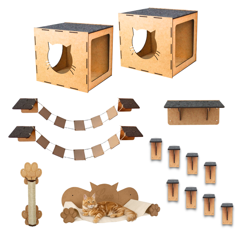 Kit Playground para Gatos Parede Diversão Gatinho Pet Mdf 4mm Degraus Ponte Nicho Cama Descanso