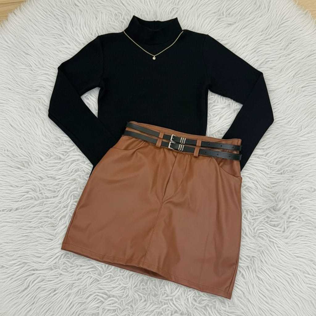 Conjunto Feminino Elegante Saia COURINO e Body Manga Longa Gola Alta Moda Casual Elegante Outono Inverno