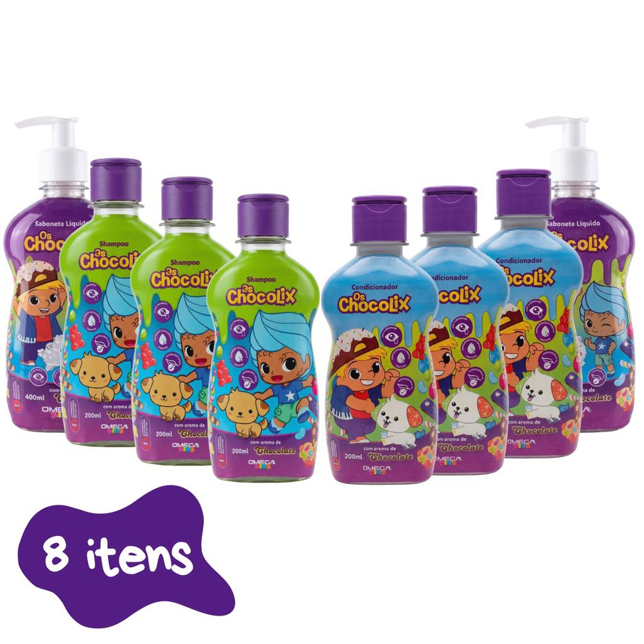 Kit Cuidado Diário Infantil Menino Chocolix 3 Shampoo, 3 Condicionador e 2 Sab Líquido Omega Kids