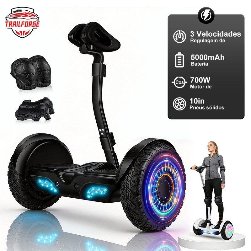 TRAILFORGE Hoverboard Elétrico 700W | Autonomia 15km | Som Bluetooth + Luzes LED Coloridas | Com Manche Joystick