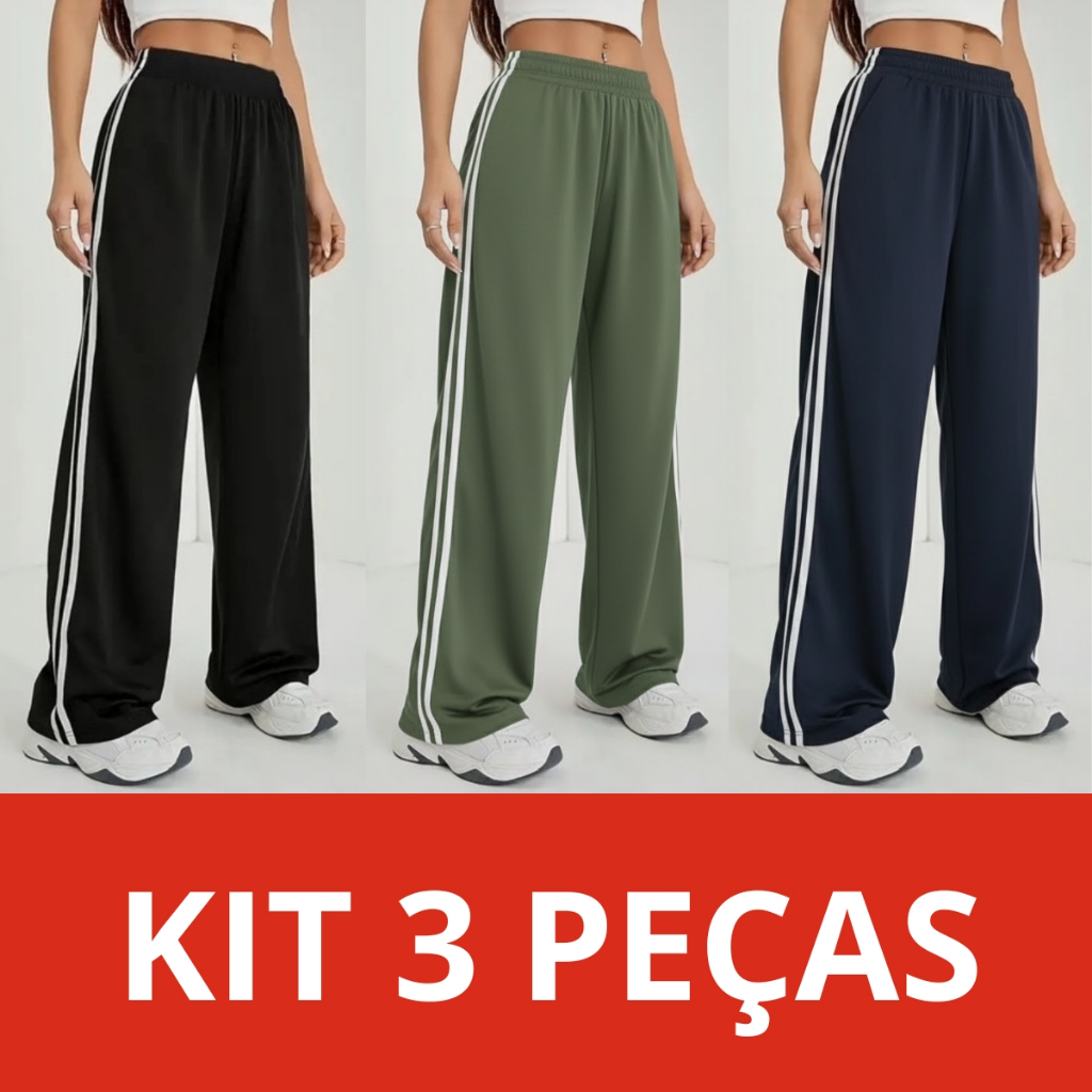 Kit 3 Calças Feminina Malha Confortável com Listras Laterais Estilosa Moda Gringa Tendência