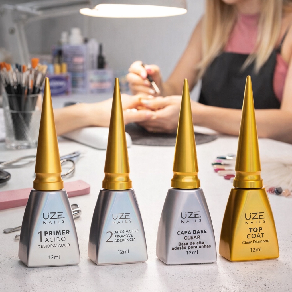 Kit UZE Nails = Primer Ácido + Adesivador + Capa Base Clear + Top Coat Clear Diamond