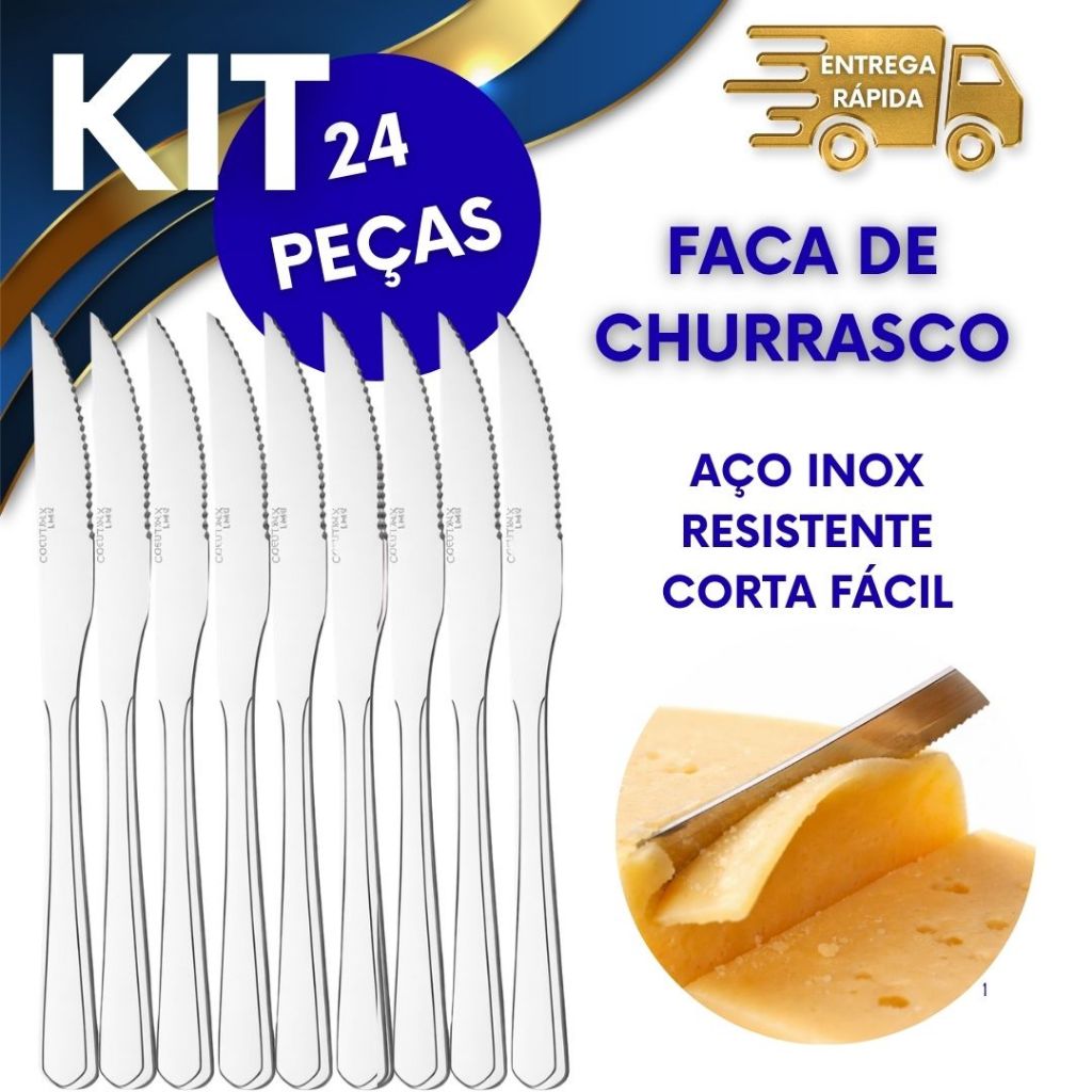 24 FACAS DE CHURRASCO E MESA INOX 21CM CORTE FÁCIL AFIADA RESISTENTE MESA COZINHA CARNE