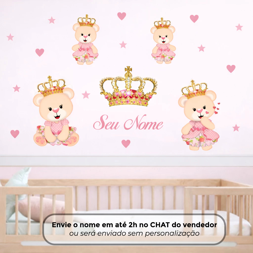 46 - Adesivos de Parede - Ursinha Princesa com Nome Personalizado – Decoração Infantil Quarto Bebê em Oferta na Shopee
