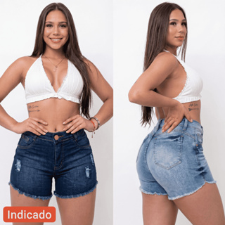 🟧 Shorts Feminino Jeans Com Lycra Elastano Cintura Alta Short Curto Jeans Feminino em Oferta na Shopee