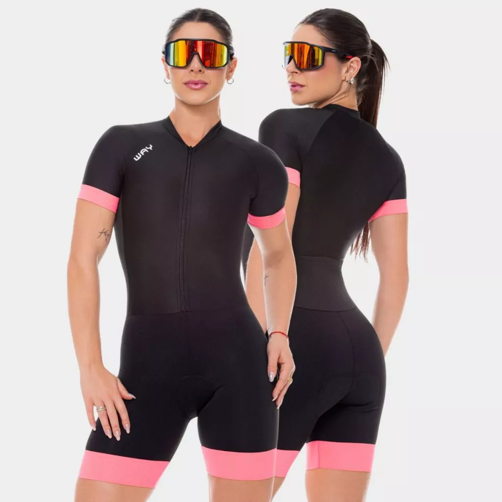 Macaquinho Ciclismo Feminino Macacão Manga Curta Forro Gel Preto Rosa Way Fresh Roupa Bike Pedal Mtb — imagem 1