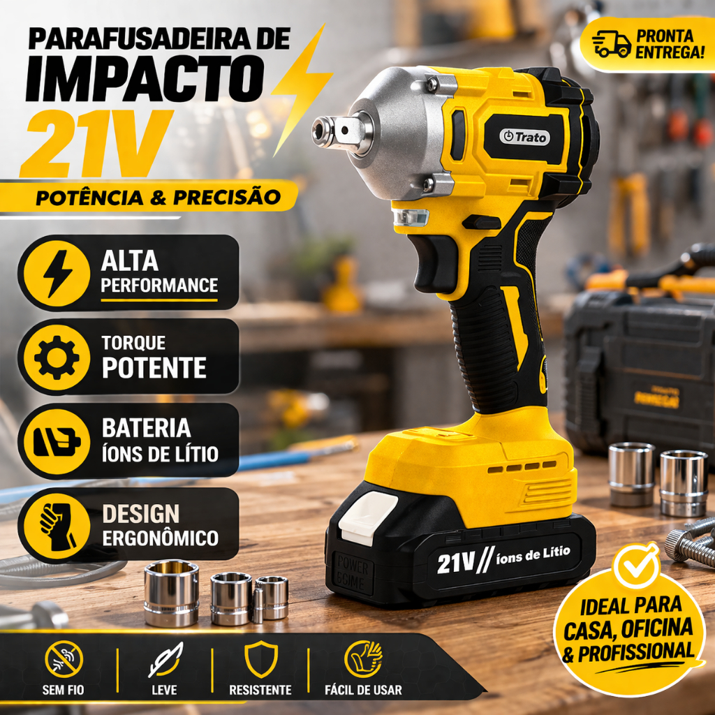 Chave De Impacto Parafusadeira Trato Sem Fio com Bateria 21V Maleta