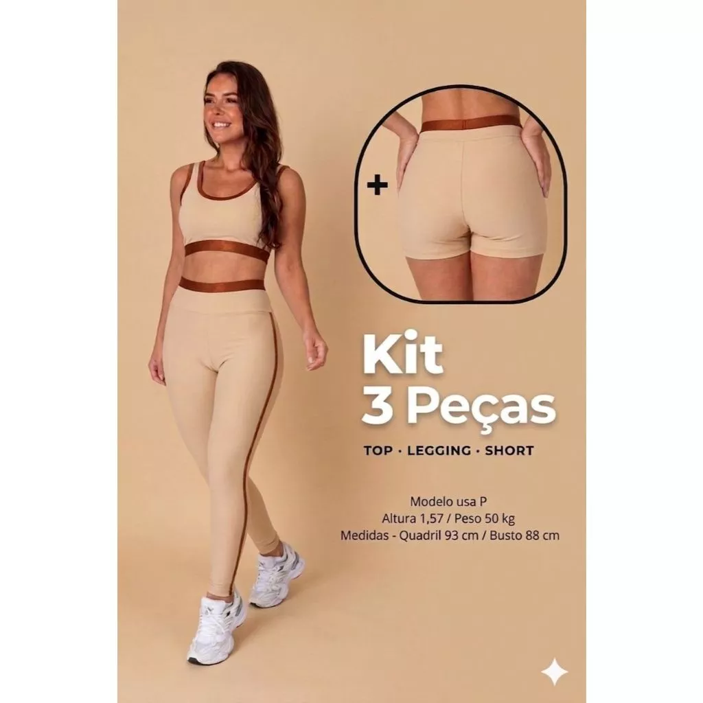 KIT 3 PEÇAS TOP, SHORTS E LEG BEGE cor contrastante — imagem 1