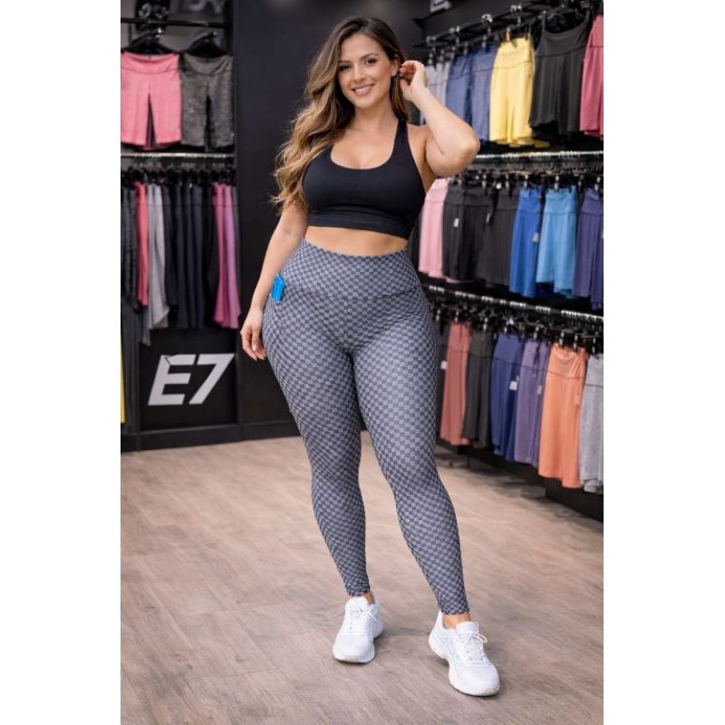 Conjunto Fitness Feminino Top + Legging Cintura Alta Quadriculada Modelador Academia Treino Yoga