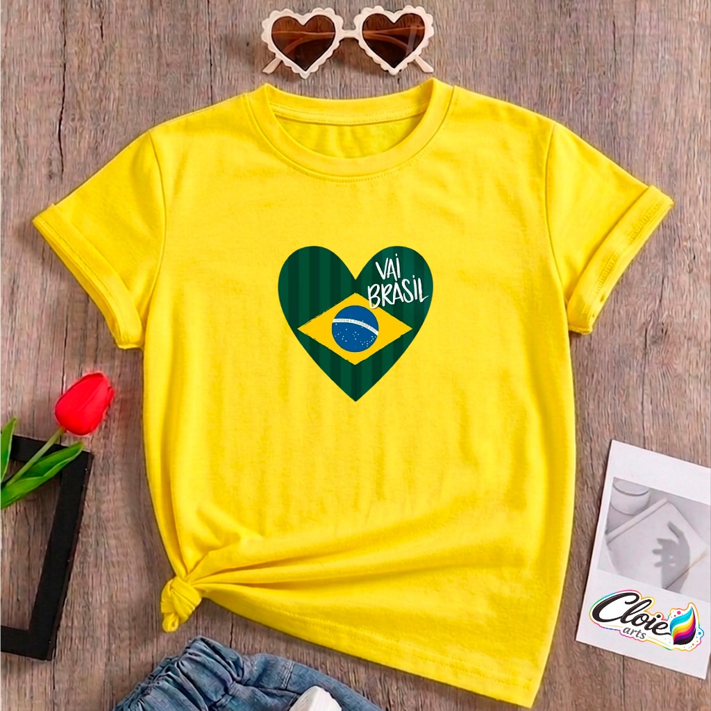 Camiseta Infantil 100% Algodão Brasileira Copa do Mundo Jogos Passeios Eventos Coração Bandeira Vai Brasil Jogos Seleção