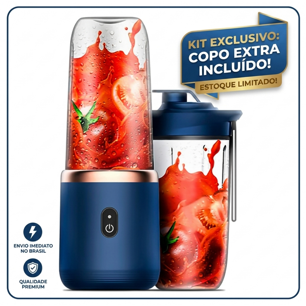 Mini Liquidificador Portátil 6 Lâminas 400ml USB + Copo Extra de Brinde Kit Academia Shakes Potente