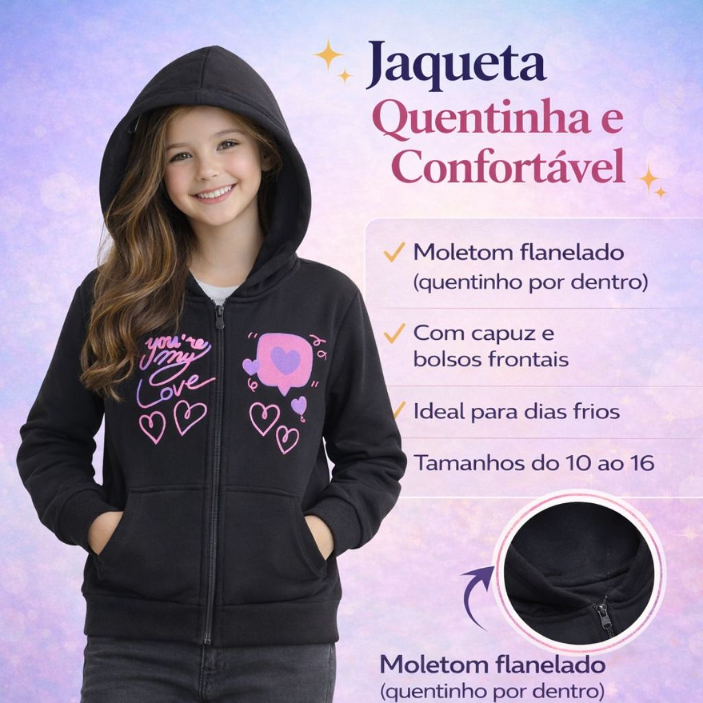 Casaco Feminino Juvenil Moletom Capuz Bolso Ziper e Estampa  3181-A