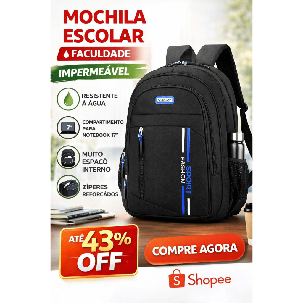 Mochila Masculina Escolar Grande Impermeável Notebook Faculdade Reforçada Moda 2026