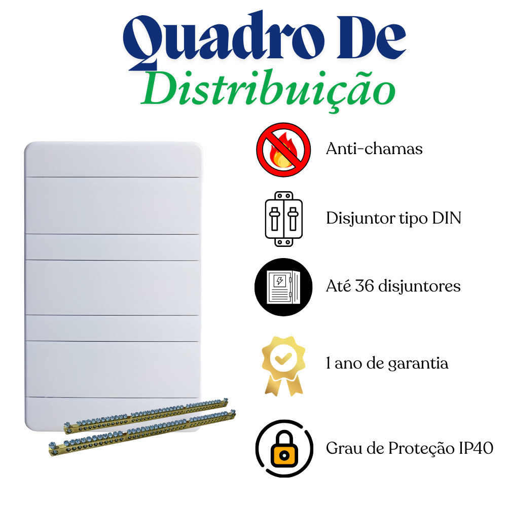 Quadro de Distribuição Embutir 36 Disjuntores com 2 Barramentos Caixa de Luz Elétrica Residencial