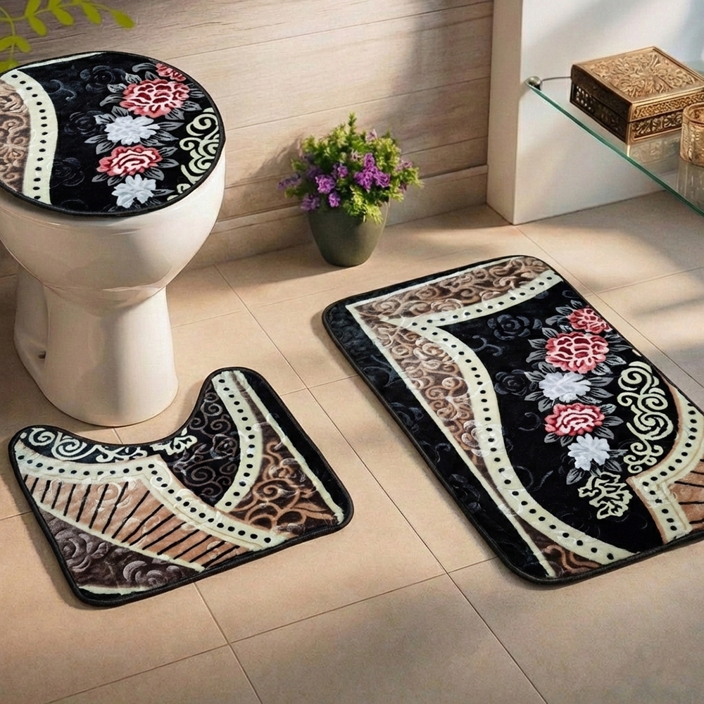 Jogo de Banheiro 3 Peças Antiderrapante Aveludado Estampado Tapete + Capa Vaso Decorativo