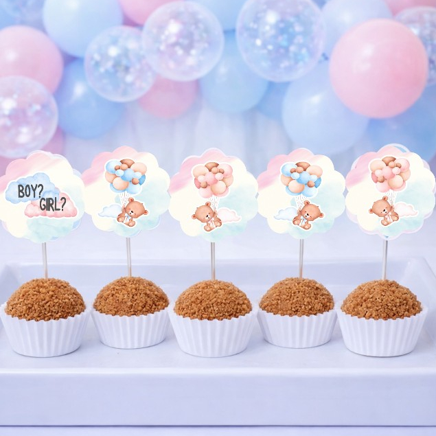Topper de docinhos ou cupcake CHÁ REVELAÇÃO URSINHOS/tags CHÁ REVELAÇÃO URSINHOS