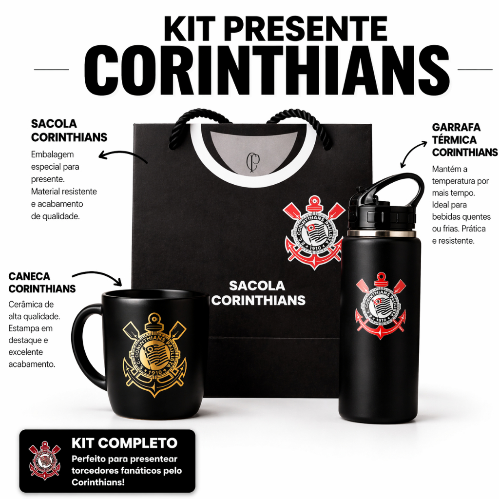 Kit Presente Corinthians Oficial Sacola + Caneca Série Ouro 300ml+ Garrafa Sports 500ml Torcedor