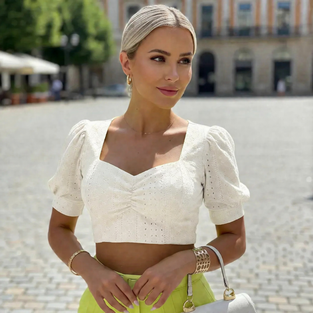 Blusa Croped Laise manga princesa moda blogueira tendencia verao
