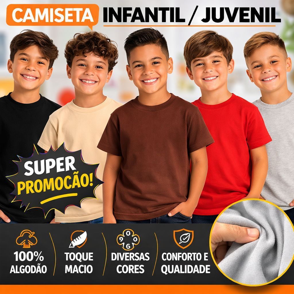Kit Com 5 Camisetas Básica Infantil Menino e Menina Unissex 100% Algodão