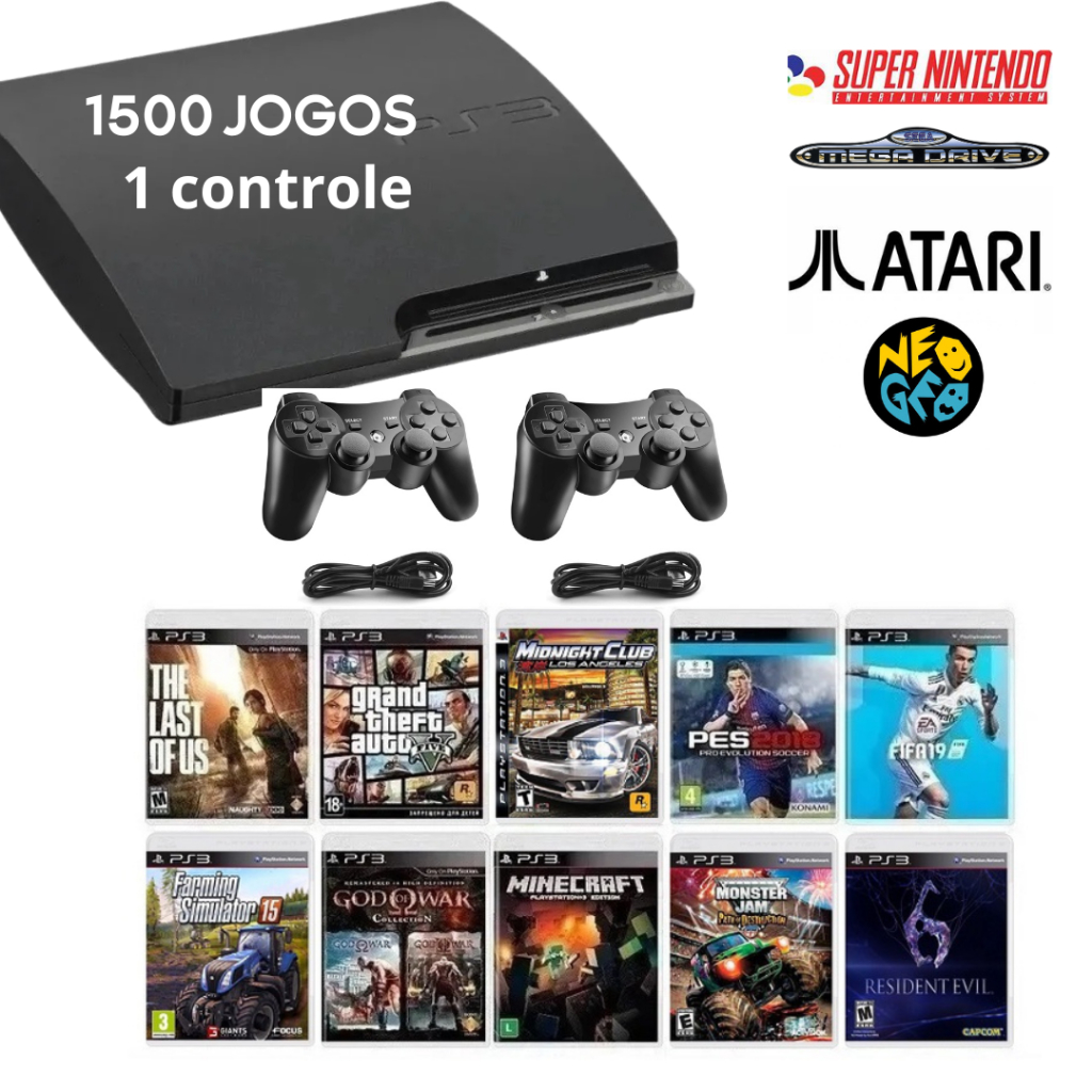 Videogame com 2 Controles + Jogos (1500 jogos para baixar quando quiser)