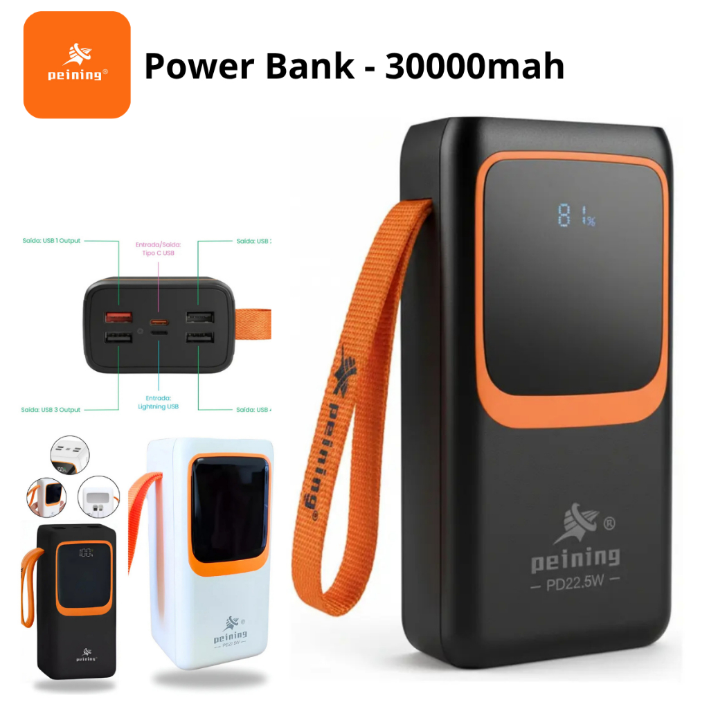 Power Bank Peining 30000mAh - WUP-945 | Carregamento Rápido 22.5W | Portátil 7 Saídas LED
