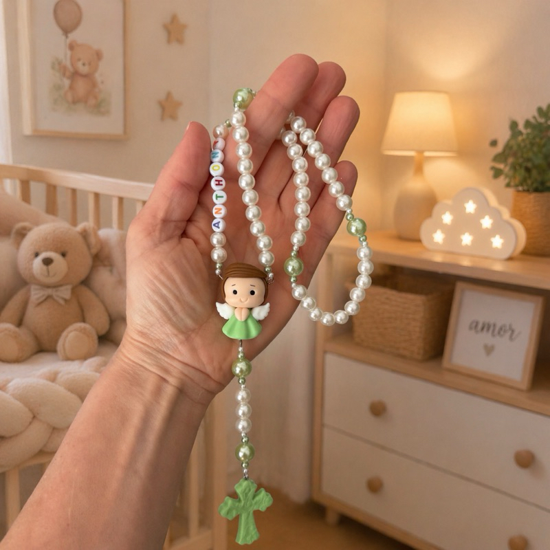 Terço Anjinho encantado verde kit com caixa de presente e saquinho de organza terço para batizado nascimento presente