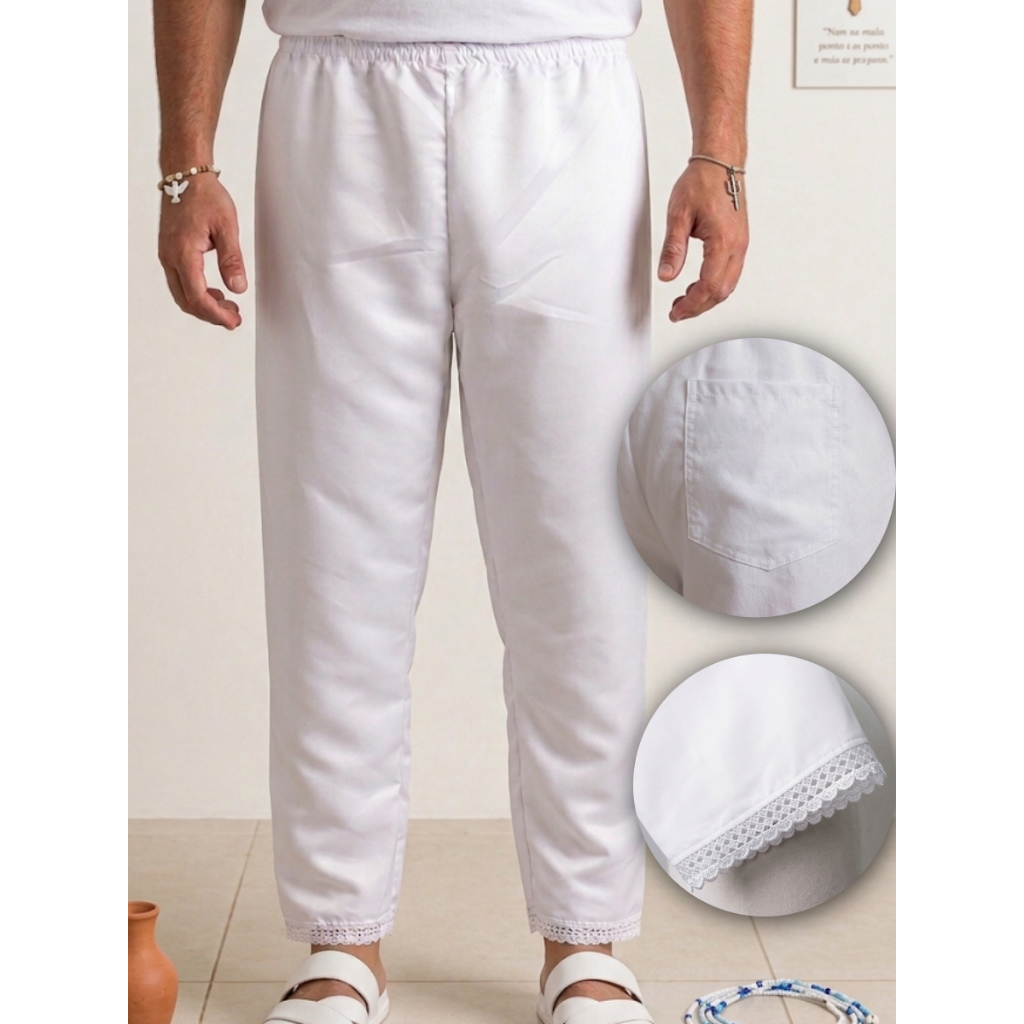 Calça Branca MICROFIBRA com Bolso Renda Umbanda Candomblé calçolu Calça melhor Qualidade