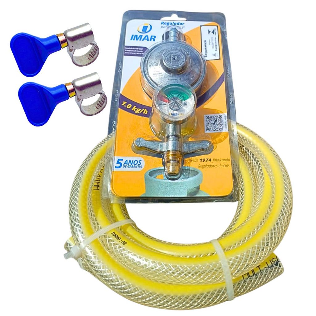 Kit Regulador De Gás Completo 2 metros Mangueira Reforçada Fogão Cooktop Botijão GLP