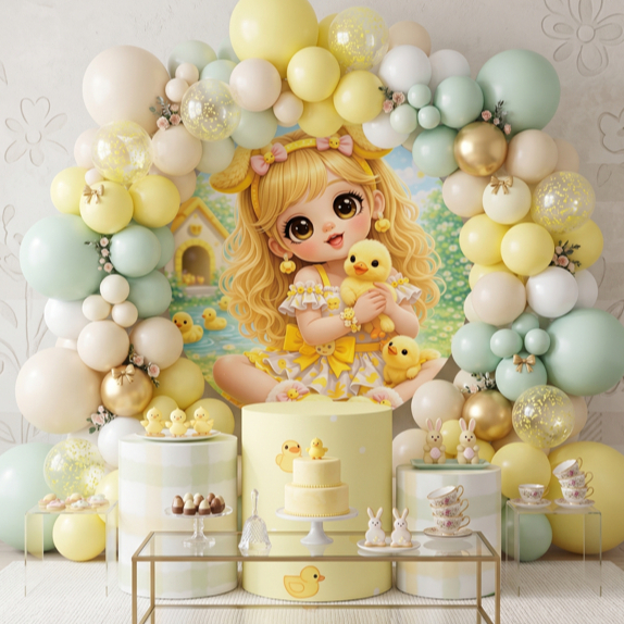 Kit Capa Trio Cilindros + Painel 1,5 Menina Bonequinha IA Pintinho Amarelinho Decoração Infantil Lançamento