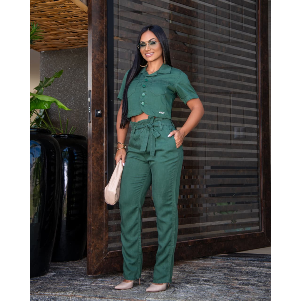 Conjunto Feminino Jeans e Brim Calça Wid Leg Croped Algodão PRESENTE DIA DAS MÃES