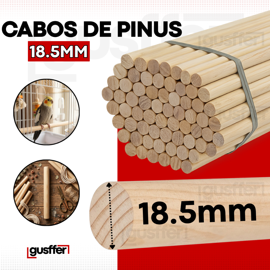 Kit 10 Poleiros 18,5mm Cabo Bastão Vareta Madeira Pinus Artesanato Hamster Macramê Bandeira Lixado