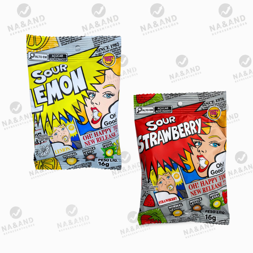 Kit 1 Bala Azeda Ácida Sour Lemon ( Limão) + 1 Bala Sour Strawberry ( Morango) doce Happy Time 16g cada