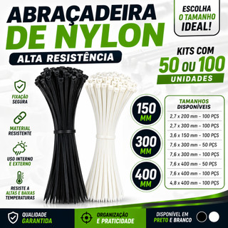 Abraçadeira Nylon Reforçada Preta ou Branca 100 Unidades Alta Resistência 2,5 a 7,6mm x 100 a 400 mm Enforca Gato
