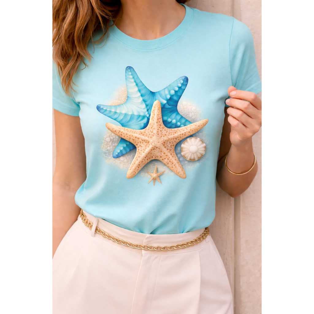 Promoção Camiseta Feminina Estrela do Mar Moda Praia Verão 2026 Tumblr Estilosa Confortável Unissex Tamanho P M G GG