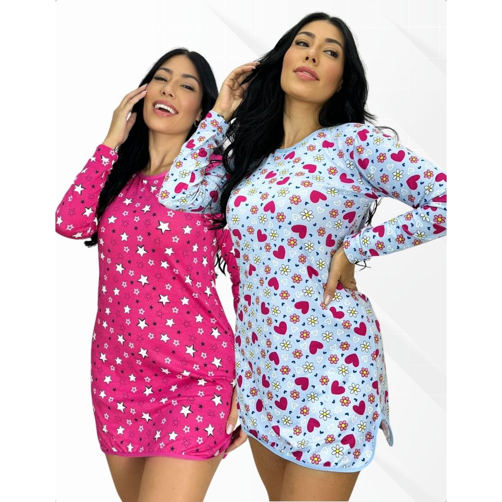 Kit 2 Camisola Confortável Microfibra Manga Longa Comprida Quentinha Cava Lateral Estampada Noite