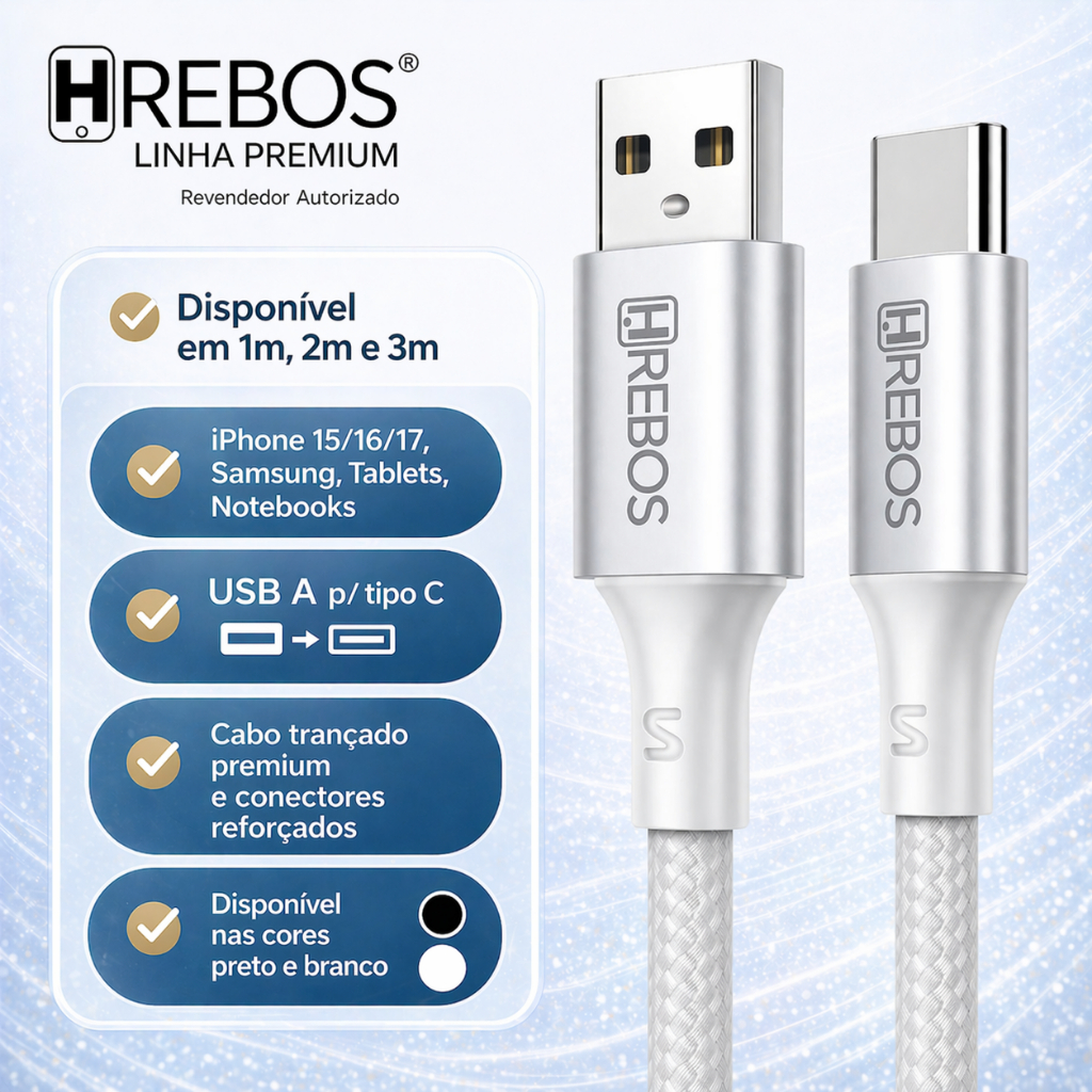 Cabo USB-A para USB-C Tipo C Hrebos Trançado Reforçado 1m 2m Samsung Xiaomi Motorola Iphone 15 16 17