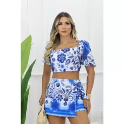 Conjunto Feminino Shorts Saia e Cropped Floral Verão