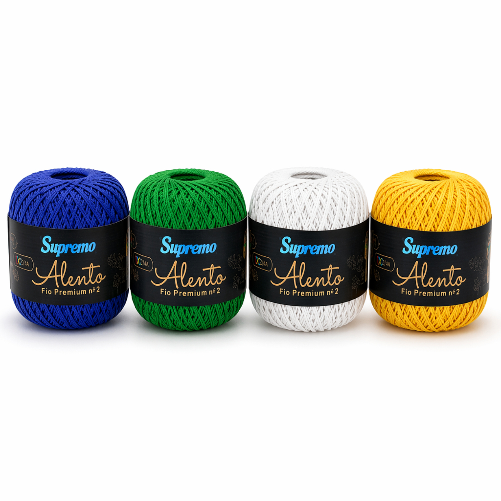 Fio para crochê Supremo Fio Alento Nº2 Azul, Verde, branco e amarelo 500m Tex 295 Equivale ao Anne Cores da bandeira