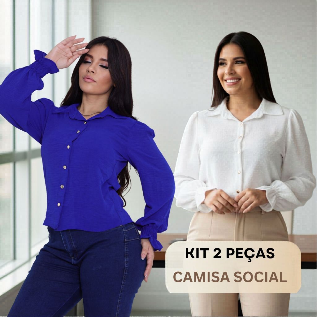 Kit 2 Camisas Femininas Sociais Manga Longa Elegantes Look   Azul Royal + branca off