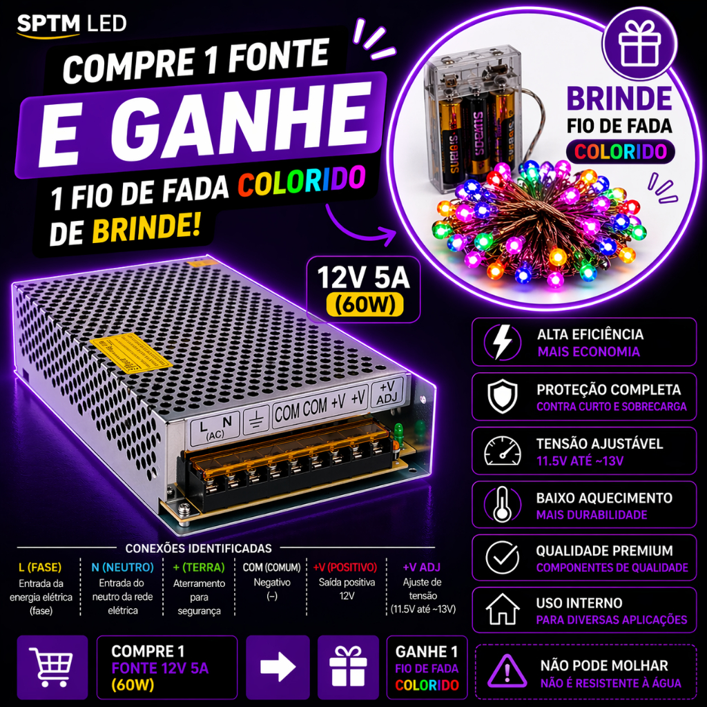 Fonte Chaveada Profissional 12V 5 AMPERES Estabilizada – Alta Performance e Segurança  COD:FN-048X