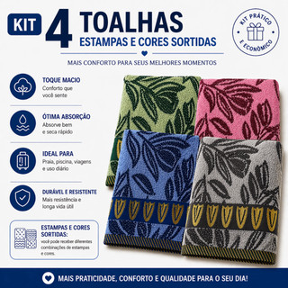 Kit 4 Toalha de Banho Macia Alta Absorção Secagem Rápida Confortável Uso Diário Viagem Sortidas