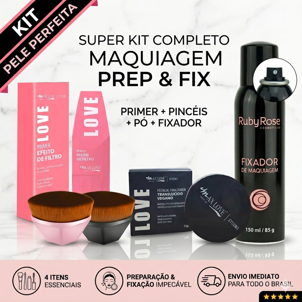 Kit Maquiagem Completo Prep & Fix Ruby Rose + Primer + Pó + Pincéis Profissionais