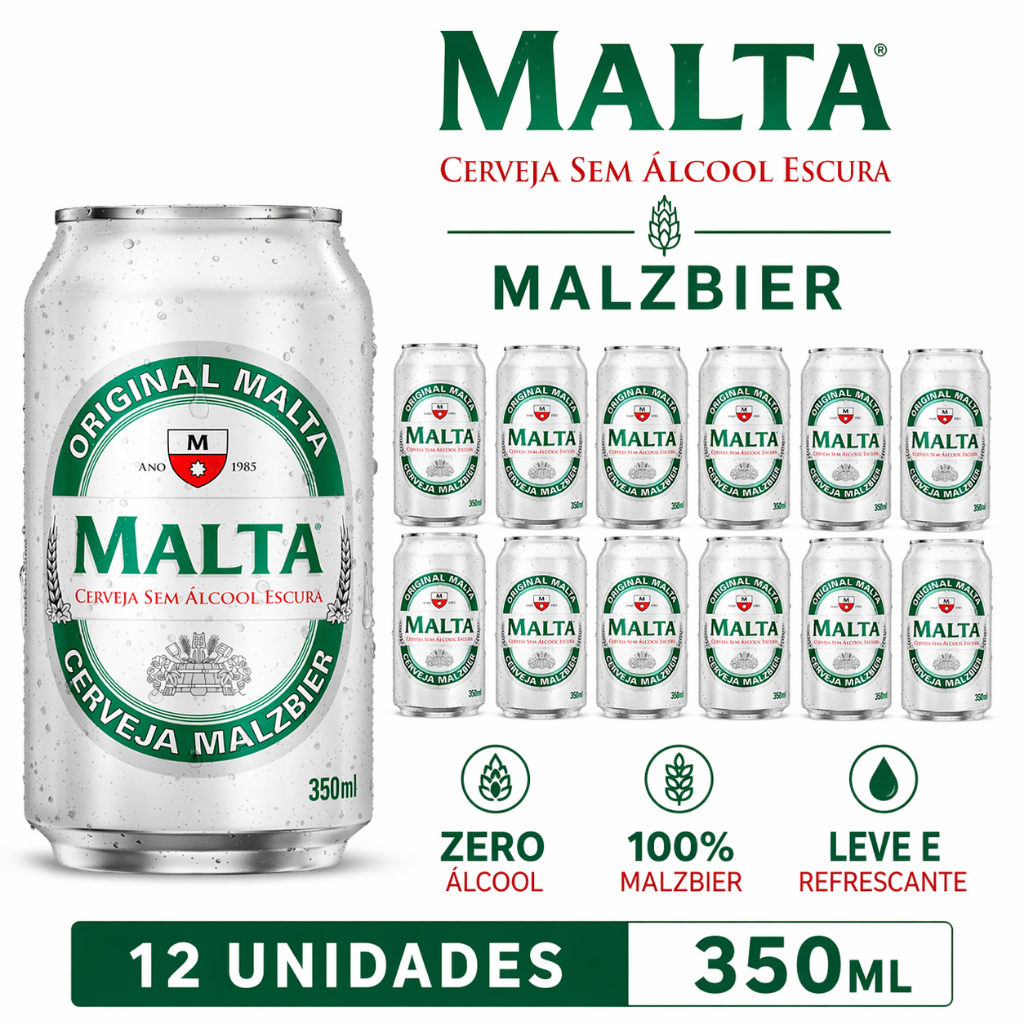 Malta Malzbier Sem Álcool 350ml Fardo 12 Unidades | Bebida Maltada Preta Sem Álcool Original Melhor Preço
